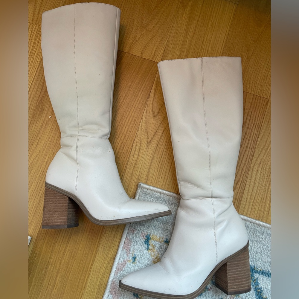 White bone leather knee high boots